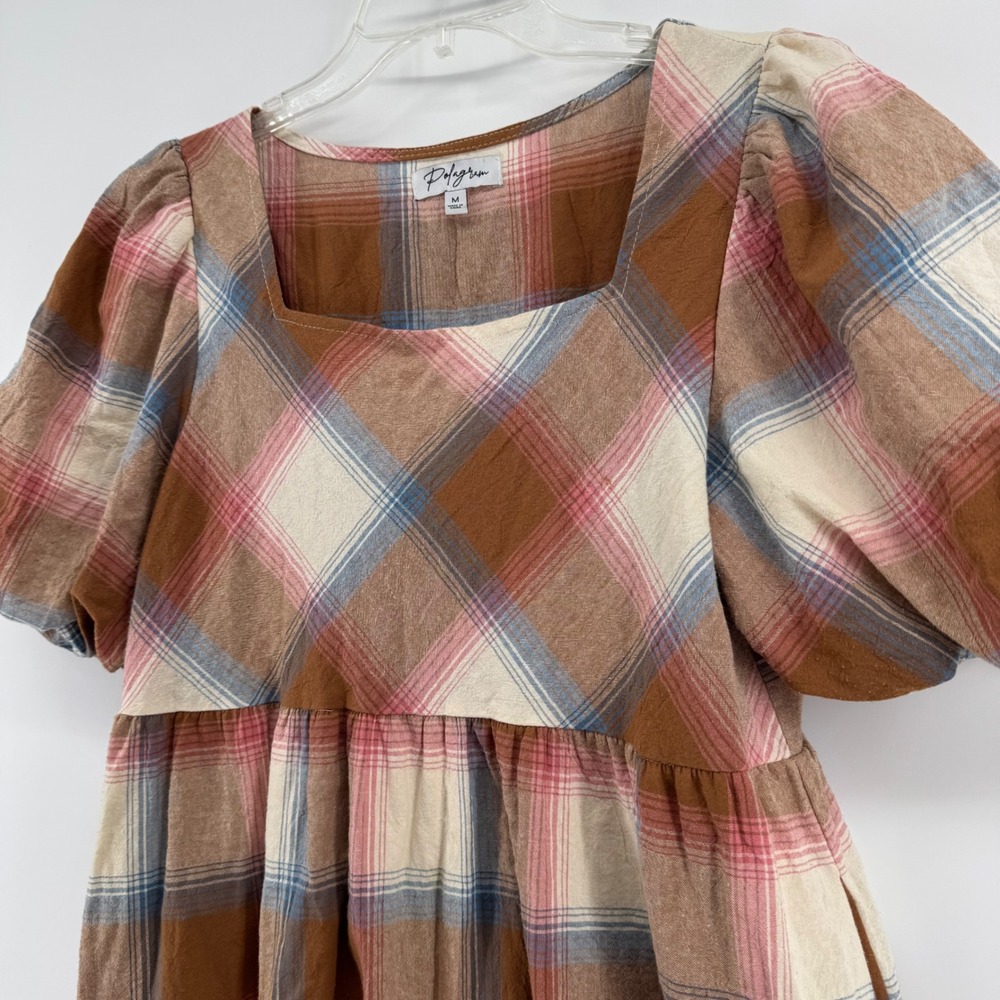 Polagram Plaid Dress Womens M Brown Pink Puff Sleeve Tiered Midi Square Neck - Picture 2 of 13